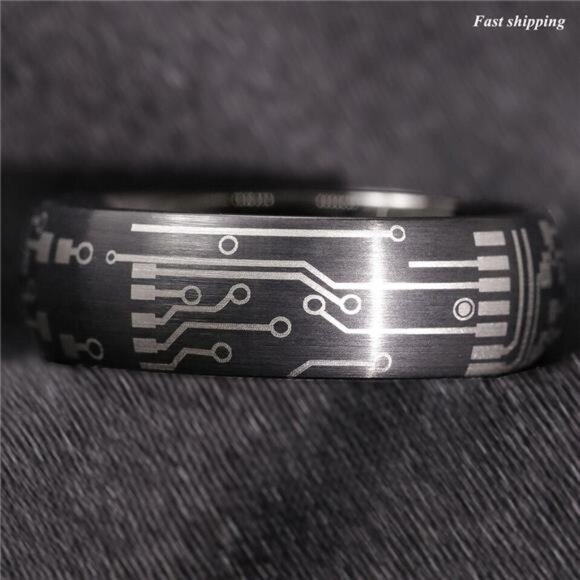 Men's Wedding Band - Dome Brushed Black Laser Circuit Board Ring for Men - Picture 4 of 5